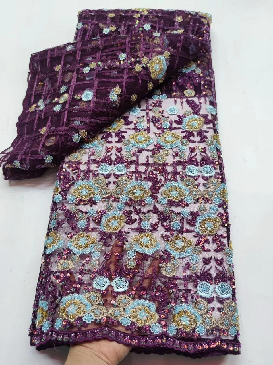 Hand beaded net lace fabric by the yard